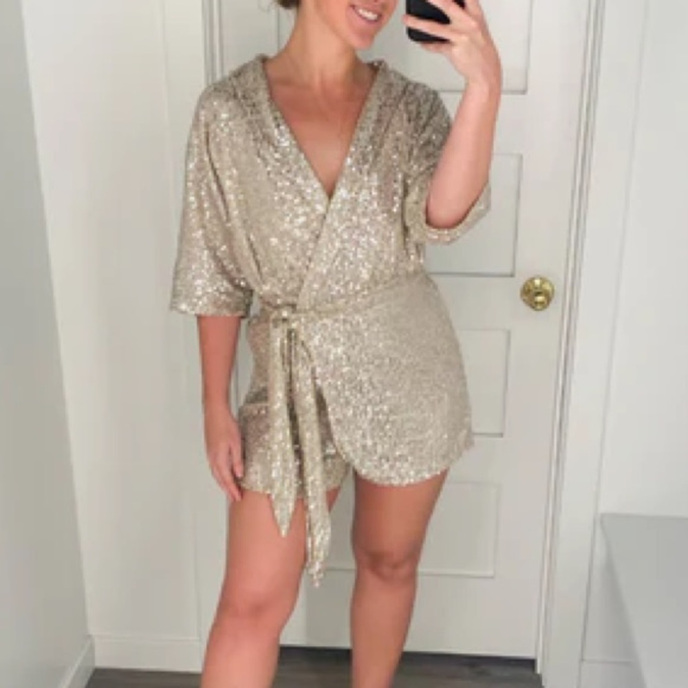 She + Sky Gold Sequin Romper, size S